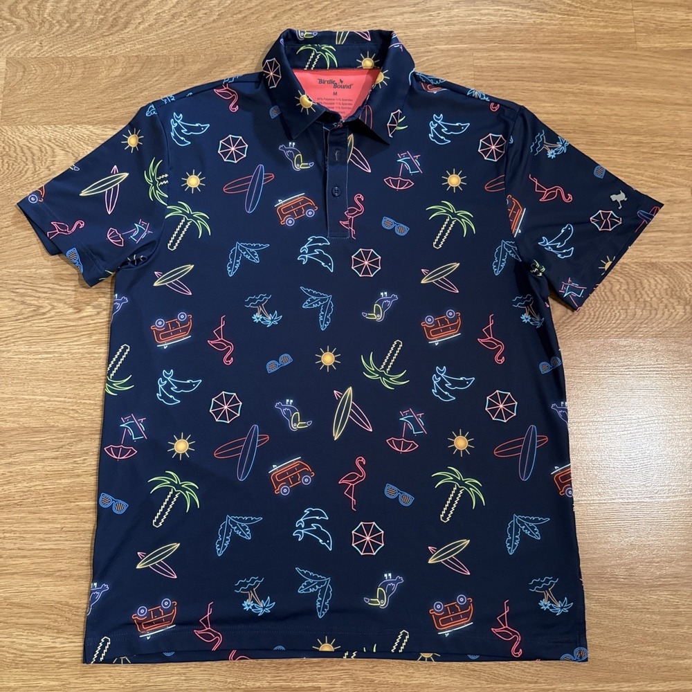 Birdie Bound Performance Golf Polo Shirt Mens Medium Multicolor Neon Beach Theme